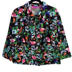 Diva Dana Buchman Vintage Womens Cropped Boho Floral Long Sleeve Denim Jacket L